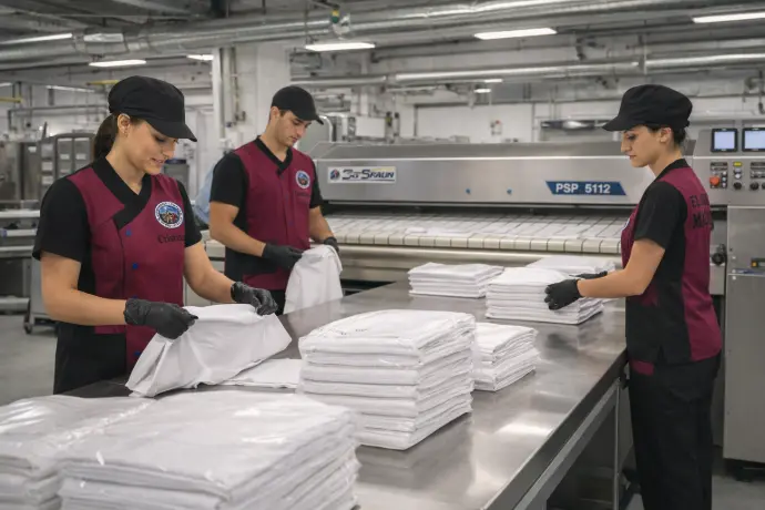 Proceso de planchado y doblado de ropa plana: sábanas y toallas de hotel