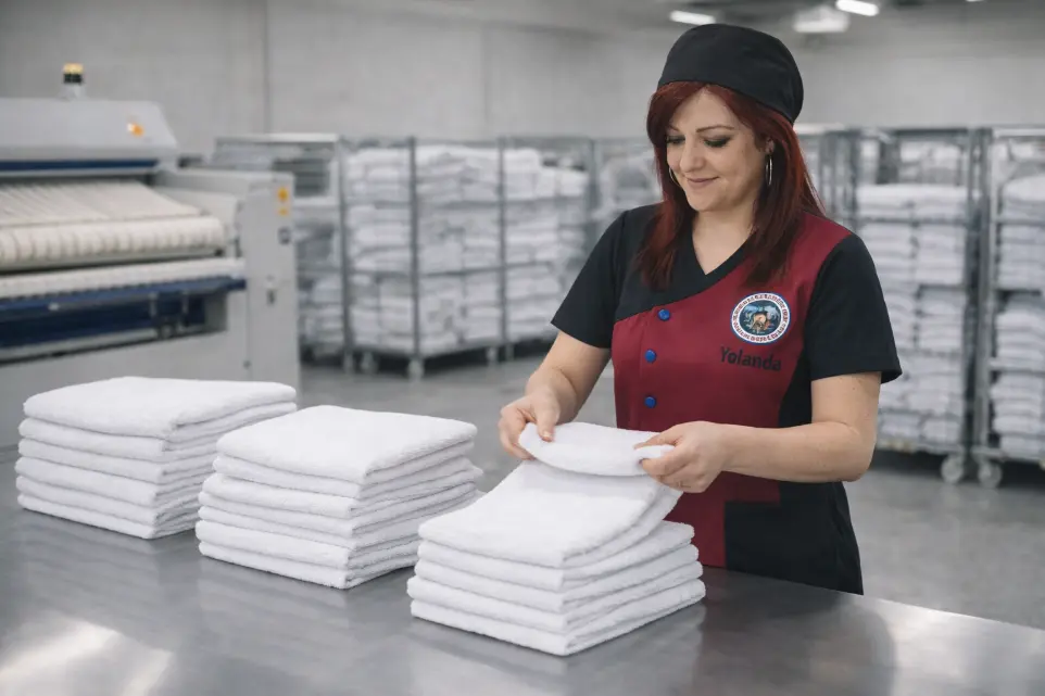 Operaria con uniforme corporativo doblando ropa limpia en lavandería industrial